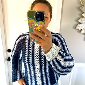 Striped Knit Sweater - Blue and White free people M